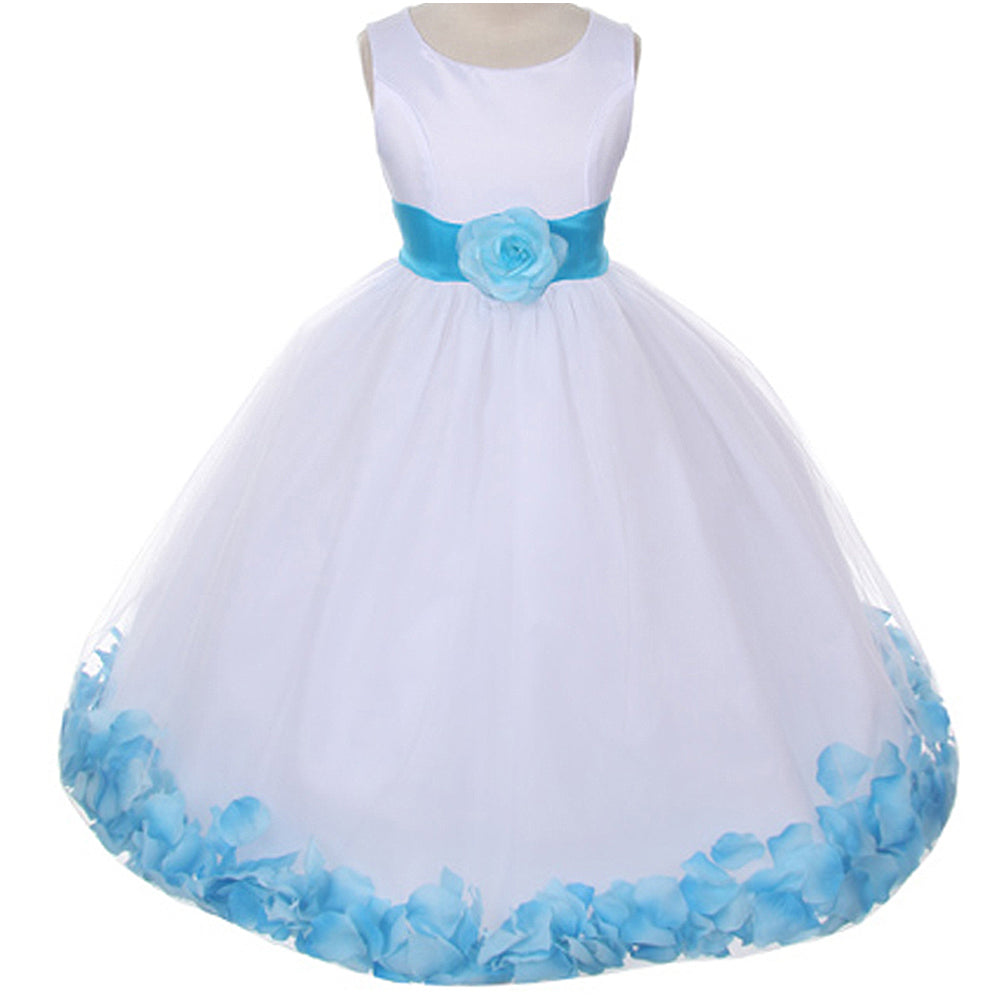 CLASSIC WHITE DRESS WITH FLOATING PETALS ORGANZA SASH AND WAIST FLOWER